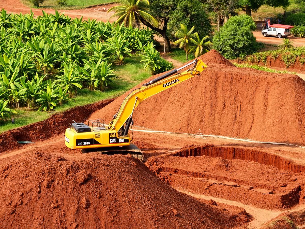 Yellow excavator carrying out earth excavation work on agricultural land