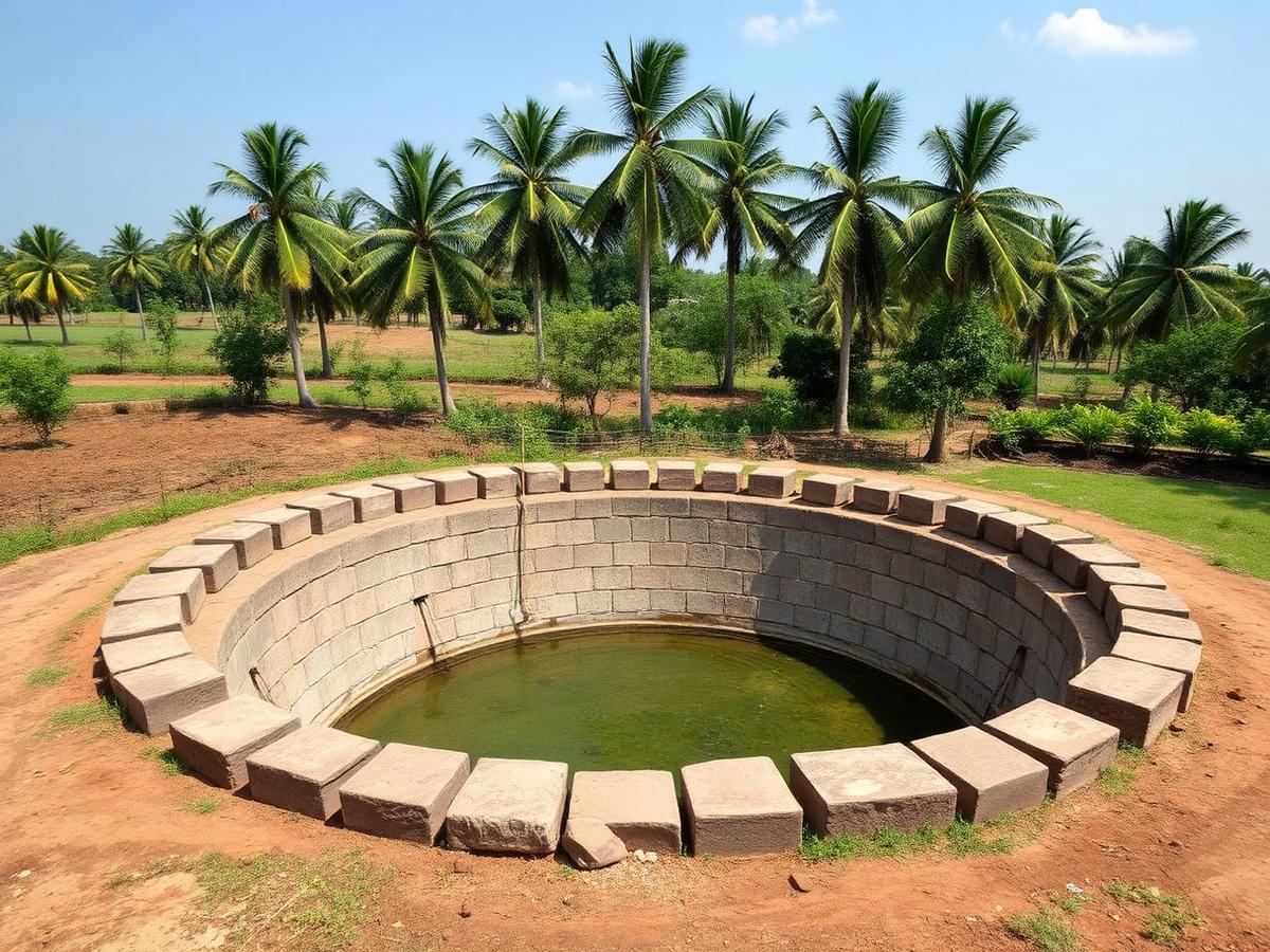 Cleaned open well with stone-lined walls on farmland in Tamil Nadu