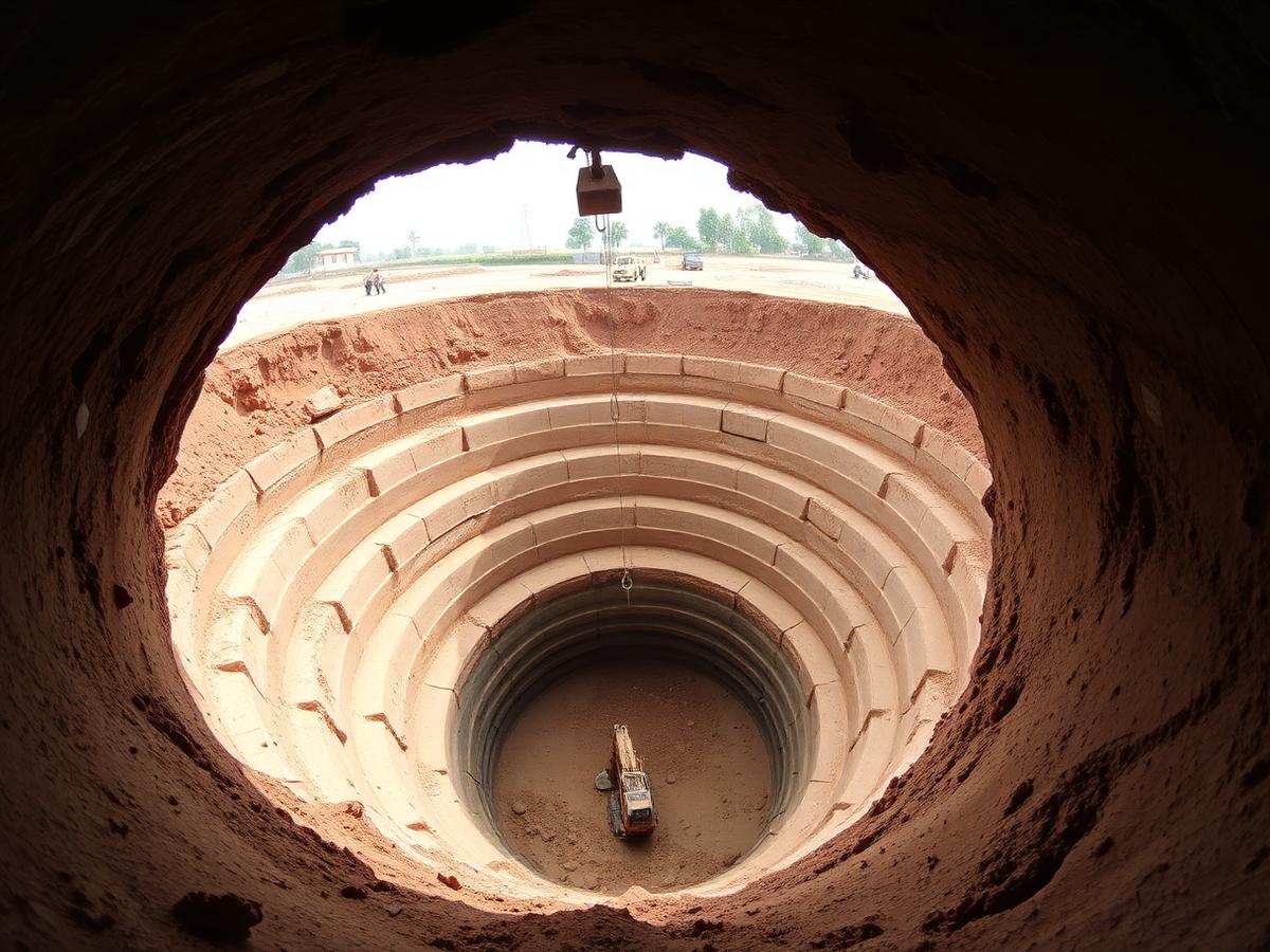 Excavator digging a deep new open well at a farm site in Tamil Nadu
