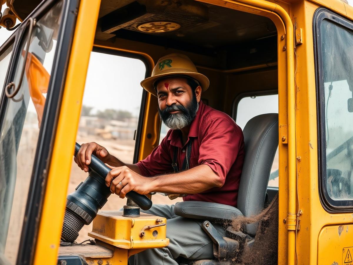 Experienced machine operator working the controls inside a JCB excavator cabin