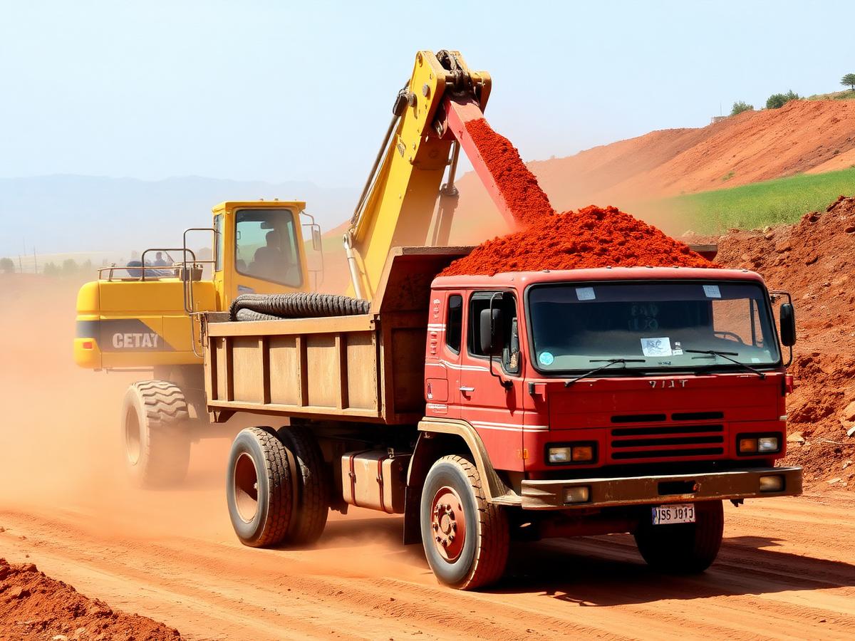 Tipper truck loaded with excavated soil by an excavator at a site in Tamil Nadu