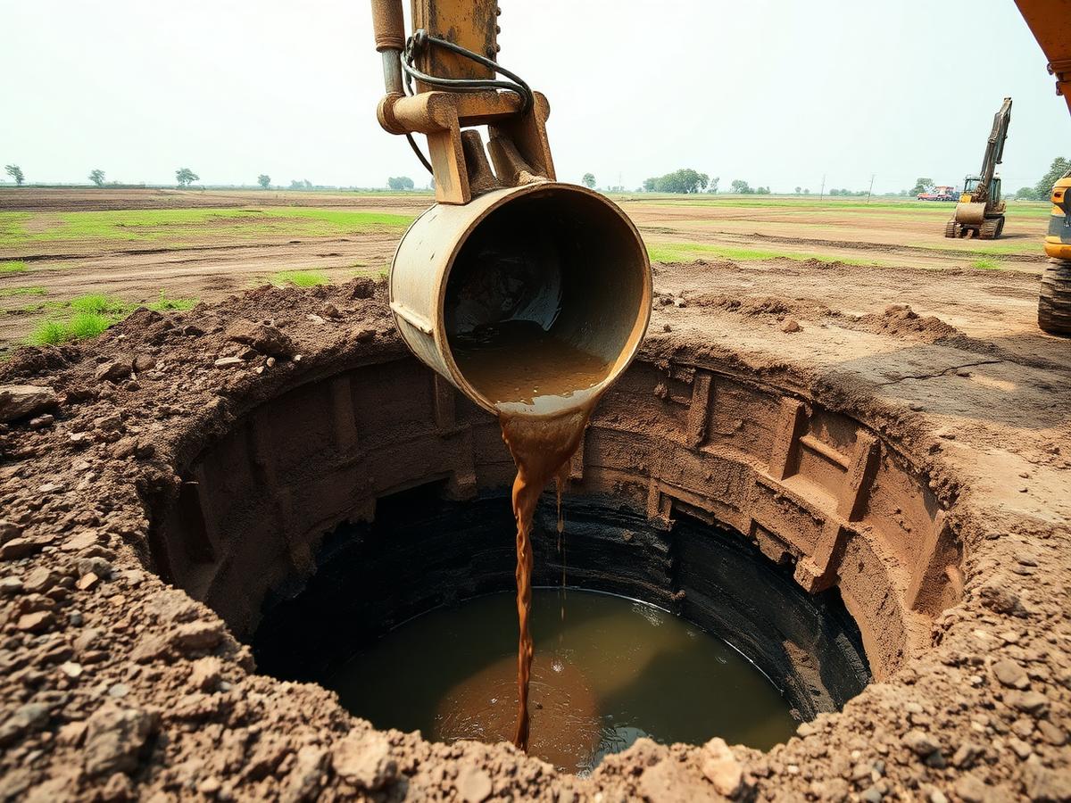 Excavator bucket deepening an existing open well with water at the bottom